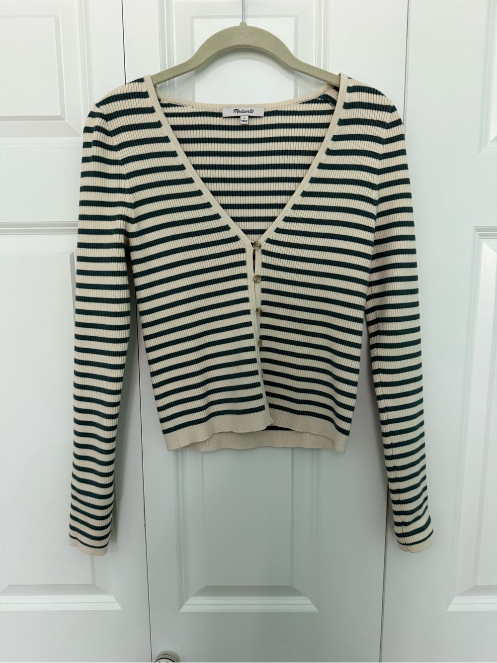Madewell Cream & Teal Striped V-Neck Button Shirt